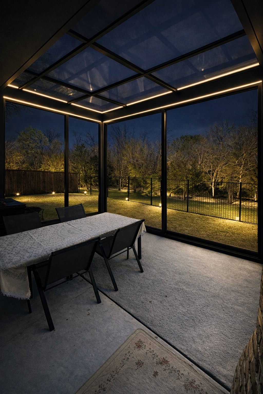 Alumega glass sunroom with LED lighting at night - Dallas Texas